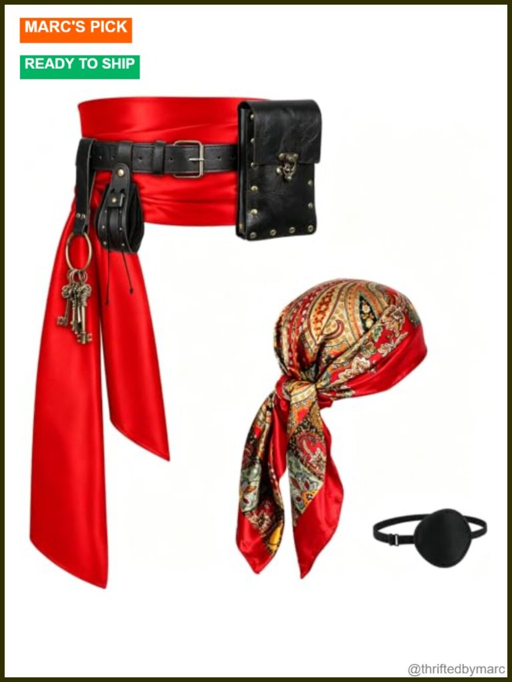 Renaissance Pirate Belt with Pouch Waist Bag & 7-Pack Head Scarf Costume Set